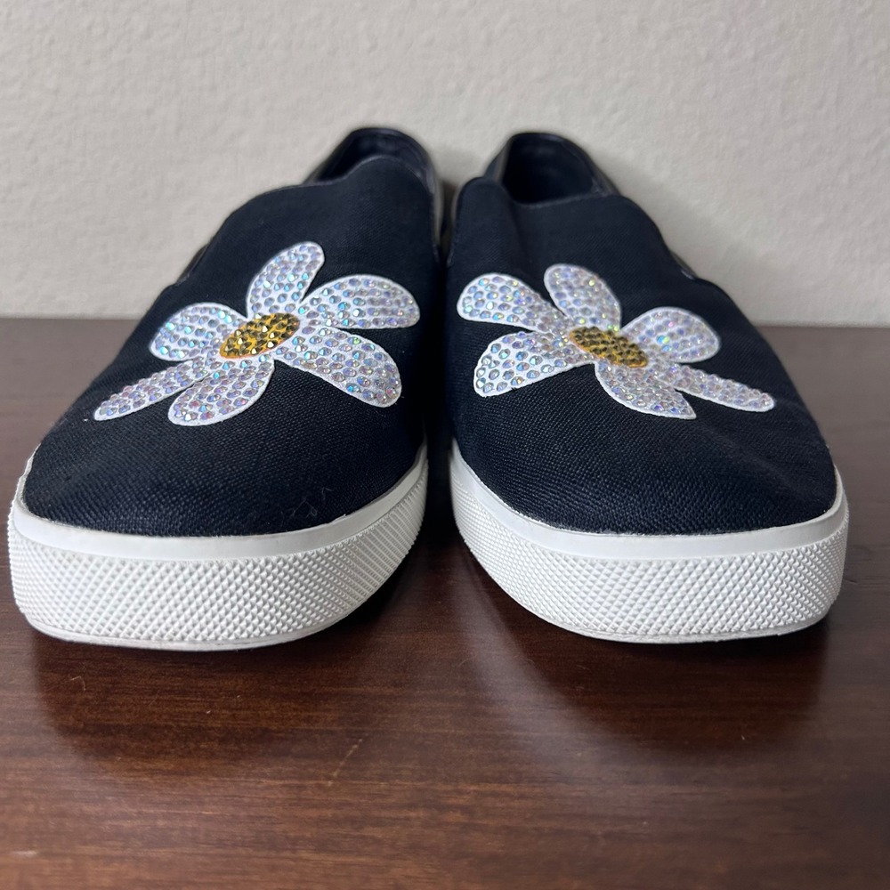 Katy Perry Sneakers Size 10 Black Canvas Slip On Daisy Rhinestone Embellished - Picture 3 of 8